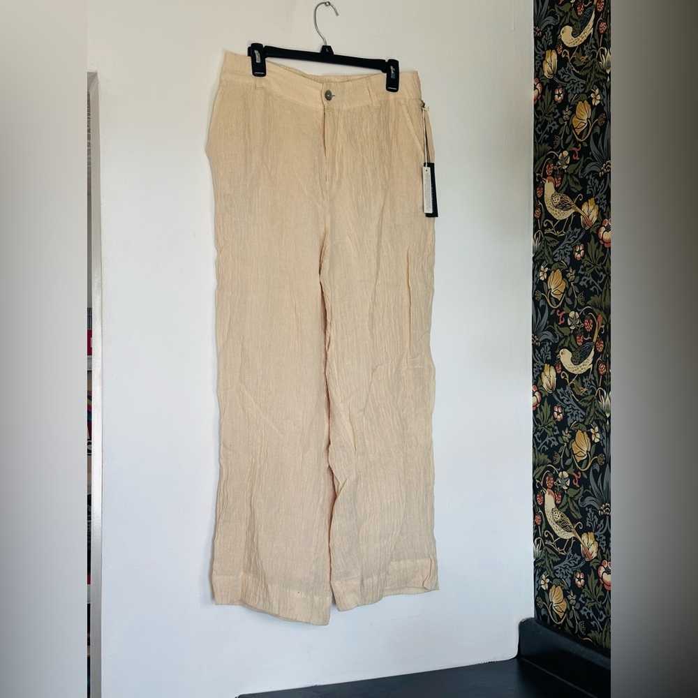 Tahari women’s 100% linen ivory wide leg pants sz L NEW beachy resortwear